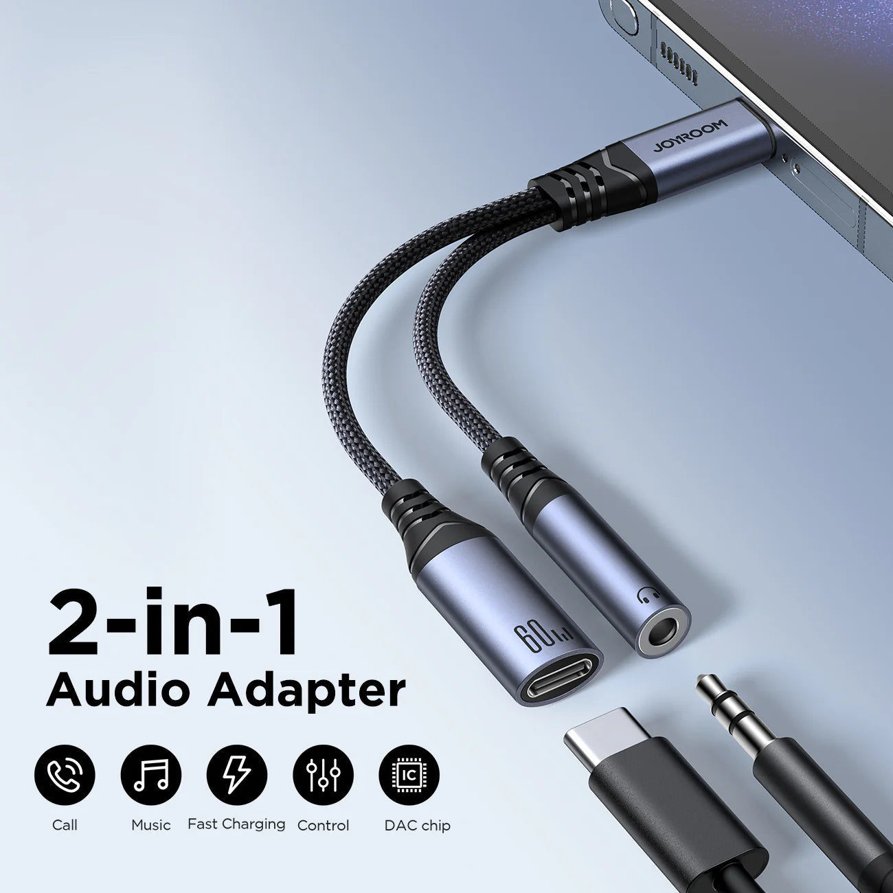 محول جويرووم SY-C02 للصوت 2 في 1 من تايب سي الى تايب سي و 3.5 ملم | Joyroom SY-C02 Audio-Transfer Series 2-in-1 Audio Adapter (Type-C to 3.5mm + Type-C)