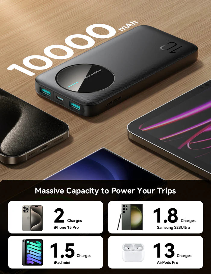 Joyroom JR-PBF12 10000mAh 22.5W Power Bank with 3 Ports & LED - باور بانك بسعة 10000ميلي أمبير وبقدرة 22.5واط مع ثلاث منافذ من جويروم