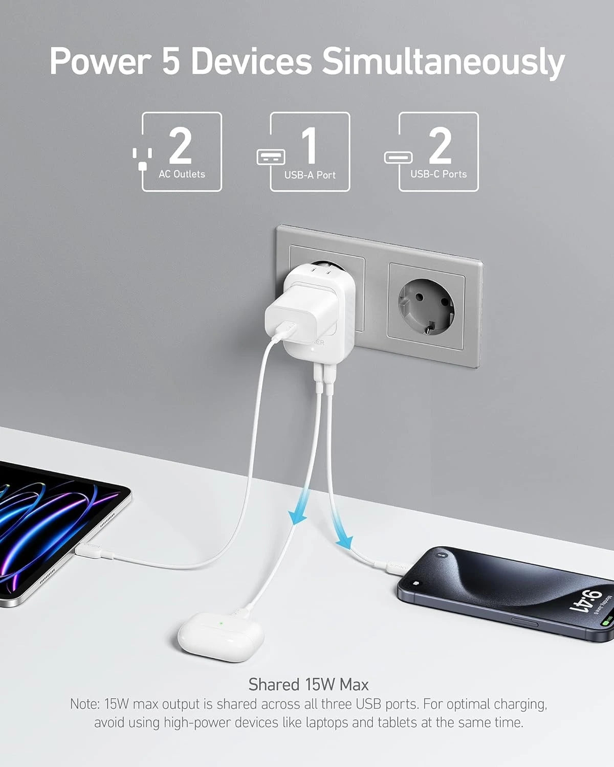 Şarjêra rêwîtiyê ya Anker bi 2 portên USB-C û 1 portê USB-A | Şarjêra rêwîtiyê ya Anker, Plugê Hêza Gerdûnî bi portên USB-C û USB-A