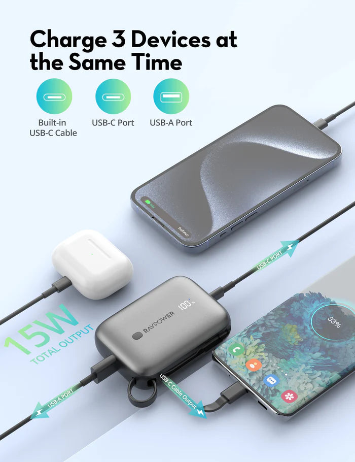 Banka Hêzê ya RAVPower RP-PB1224 10000mAh, 3-Port, Şarjkirina Bilez a 20W PD - Banka Hêzê ya RAVPower 10000mAh, 3 Port, Şarjkirina Bilez a 20W PD