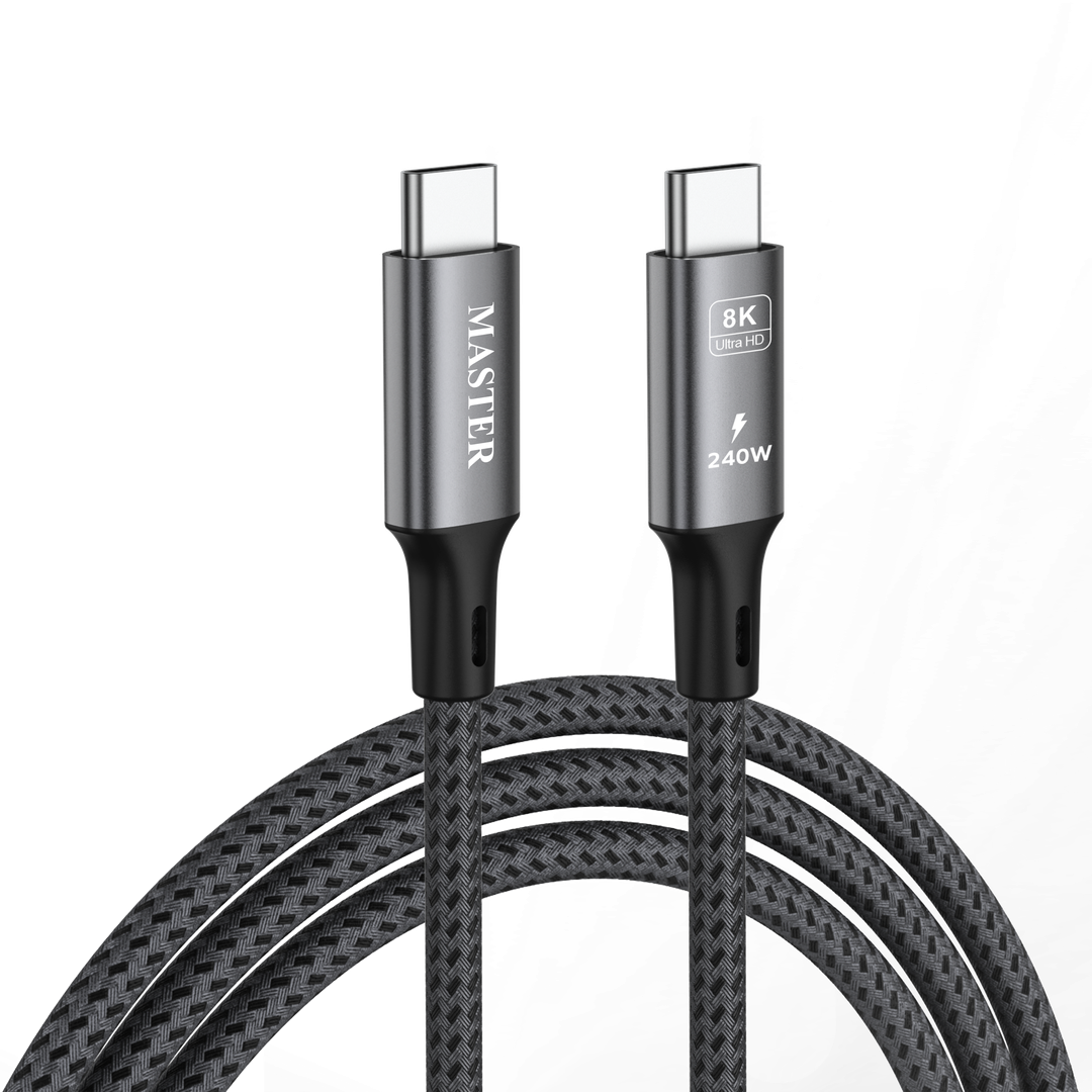 كيبل ماستر مظفر تايب سي الى تايب سي بقدرة شحن 240 واط وسرعة 40 Gbps ودعم 8K بطول 1 متر - رمادي | Master Braided 240W/40Gbps/8K60Hz Cable USB-C to USB-C 1M - Gray