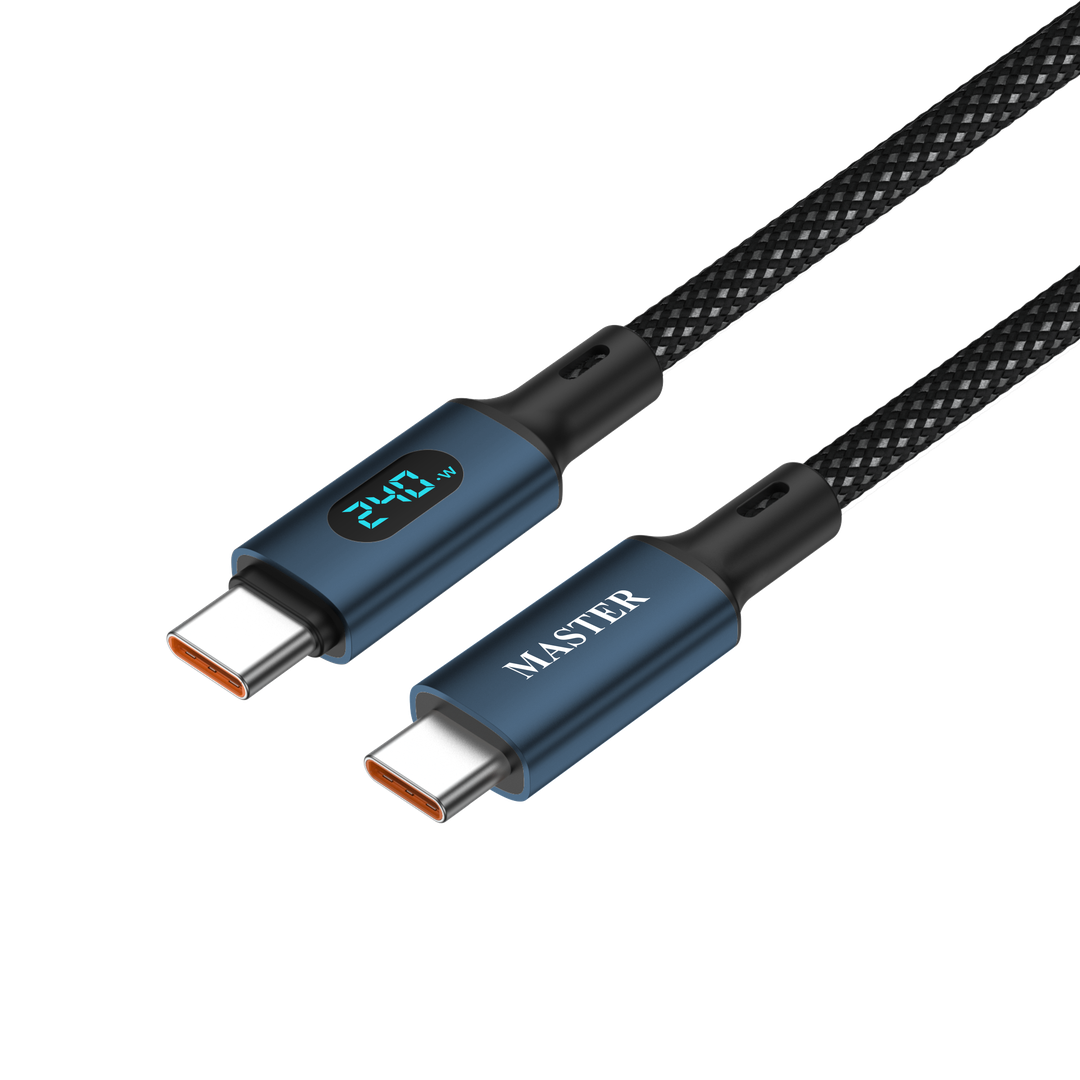 كيبل ماستر مظفر تايب سي الى تايب سي بقدرة شحن 240 واط وطول 1.2 متر مع شاشة LED - ازرق داكن | Master Braided 240W/480Mbps Cable USB-C to USB-C 1.2M With LED Display - Dark Blue
