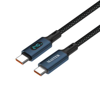 كيبل ماستر مظفر تايب سي الى تايب سي بقدرة شحن 240 واط وطول 1.2 متر مع شاشة LED - ازرق داكن | Master Braided 240W/480Mbps Cable USB-C to USB-C 1.2M With LED Display - Dark Blue