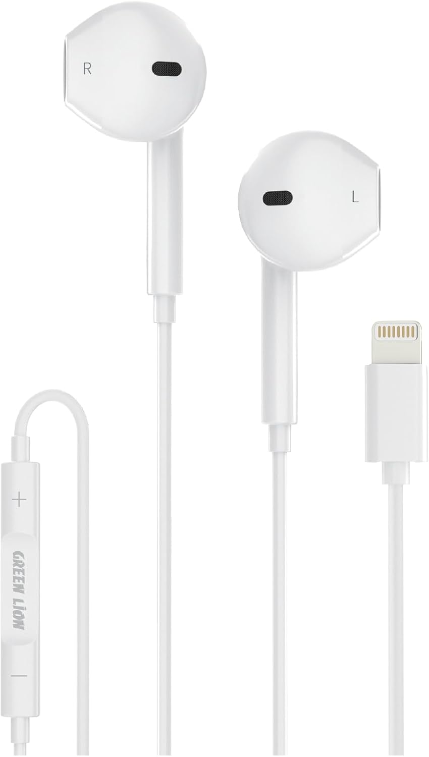 سماعات جرين لايون ستيريو السلكية بمنفذ لايتننغ - ابيض | Green Lion Wired Stereo Earphones with Lightning Connector – White