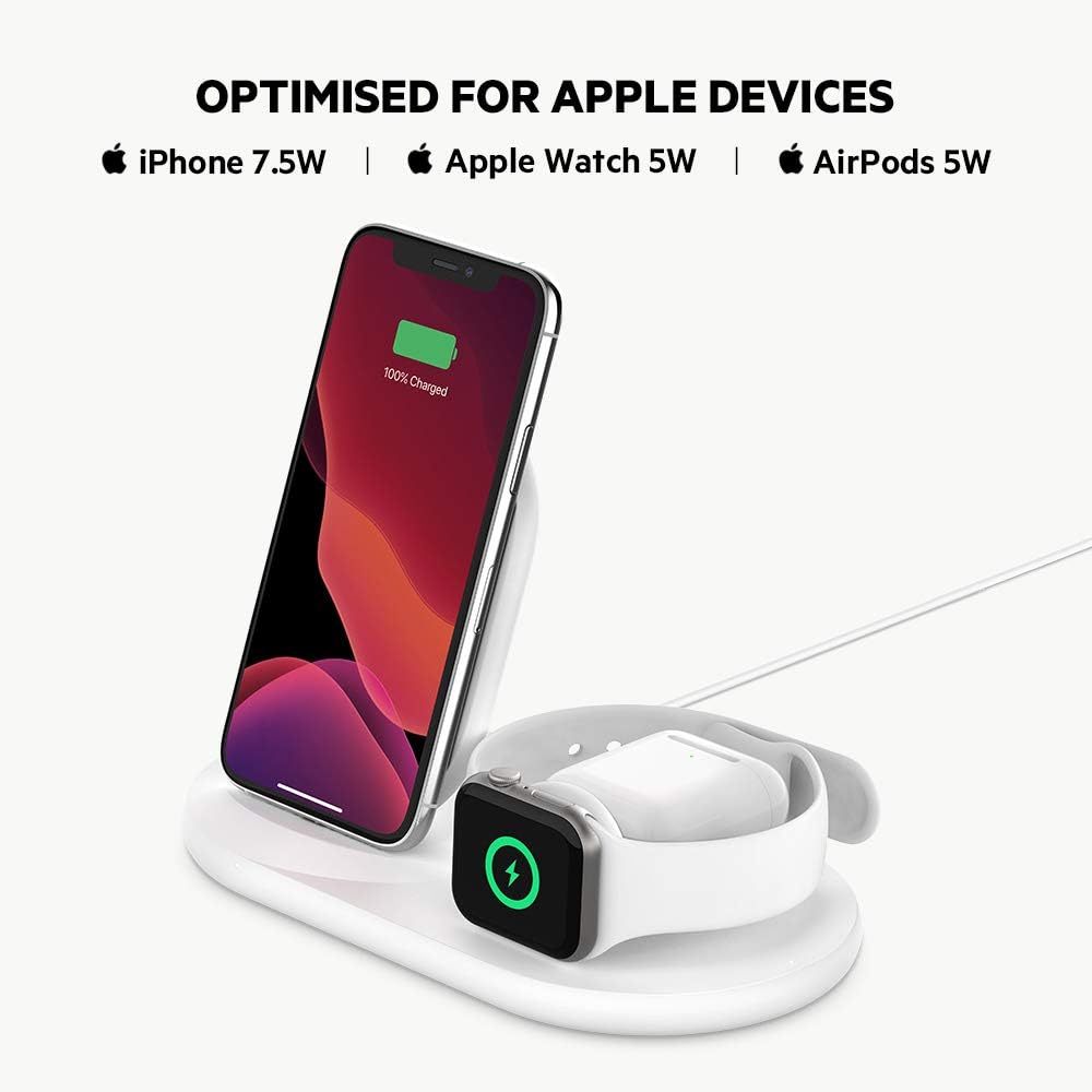 شاحن لاسلكي بيلكن 3 في 1 للايفون وساعة ابل والايربودز | Belkin BoostCharge 3 in 1 Wireless Charger for Apple iPhone Apple Watch and AirPods