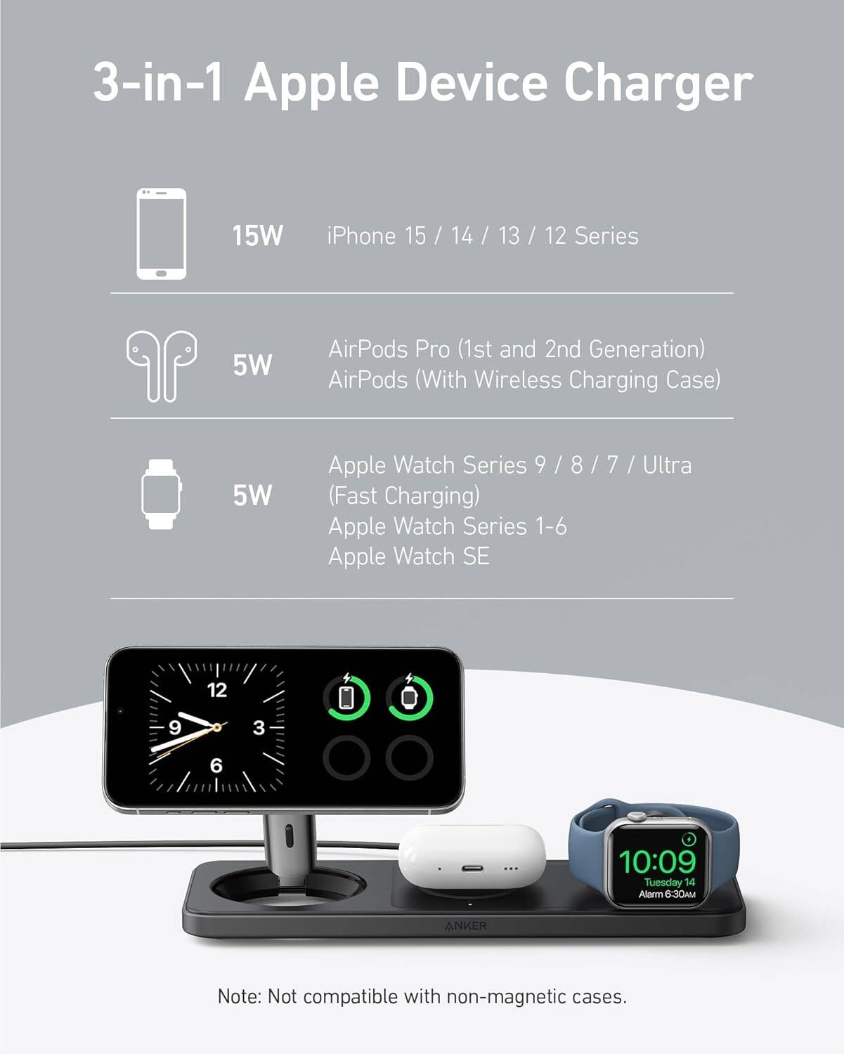 شاحن انكر ماج جو اللاسلكي 3 في 1, قاعدة شحن 15 واط معتمد QI2 للايفون | Anker MagGo Wireless Charging Pad 3-in-1, Qi2 Certified 15W Charger for iPhone