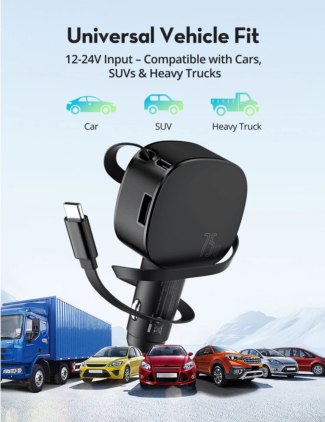شاحن سيارة راف باور RP-VC1021 بقدرة 75 واط مع كيبل قابل للسحب - أسود | RAVPower RP-VC1021 Car Charger 75W with Retractable Cable - Black