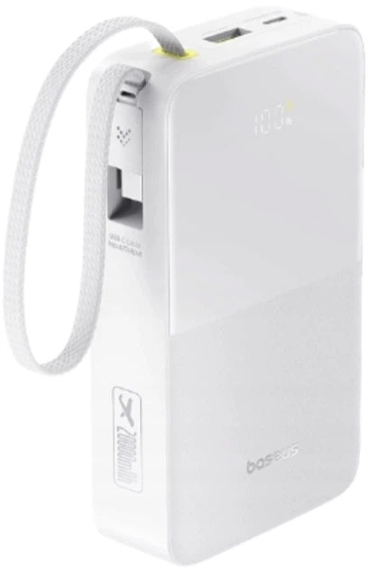 Baseus EnerFill FC51 Bipow2 Pro Power Bank 20000mAh 22.5W White Built-in Cable - باور بانك بيسوس انرفيل FC51 بايباو 2 برو 20000 مللي أمبير 22.5 واط أبيض بكيبل مدمج