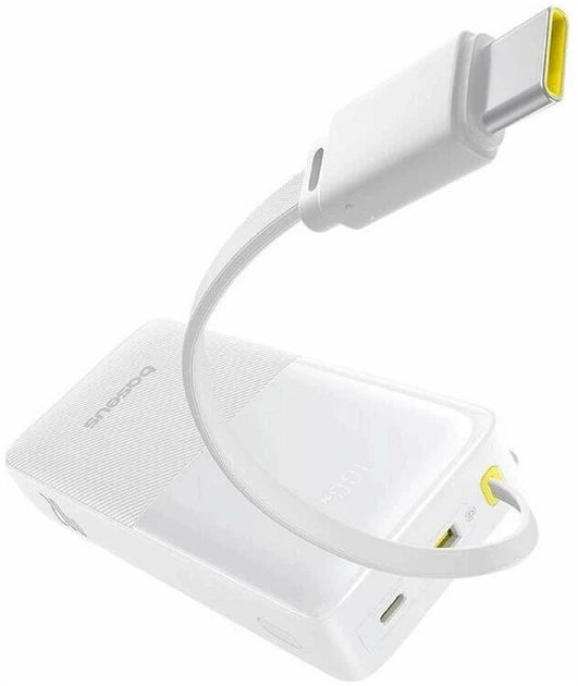 Baseus EnerFill FC51 Bipow2 Pro Power Bank 20000mAh 22.5W White Built-in Cable - باور بانك بيسوس انرفيل FC51 بايباو 2 برو 20000 مللي أمبير 22.5 واط أبيض بكيبل مدمج
