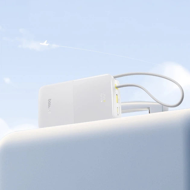 Baseus EnerFill FC51 Bipow2 Pro Power Bank 20000mAh 22.5W White Built-in Cable - باور بانك بيسوس انرفيل FC51 بايباو 2 برو 20000 مللي أمبير 22.5 واط أبيض بكيبل مدمج