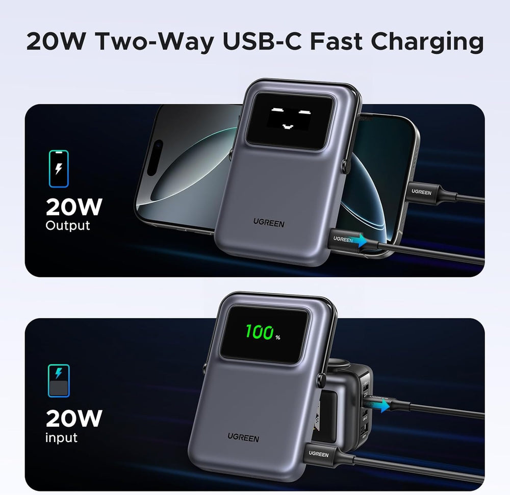بنك طاقة UGREEN Robot مغناطيسي لاسلكي 10000mAh 20W مع حامل | UGREEN 10000mAh Mini Magnetic Wireless Robot 20W Power Bank With Holder