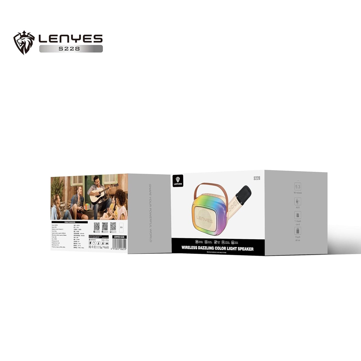 سبيكر LENYES S228 مع مايكروفون كاريوكي واضائة LED - بيجي | LENYES S228 Wireless Speaker With Microphone and LED Lights - Beige