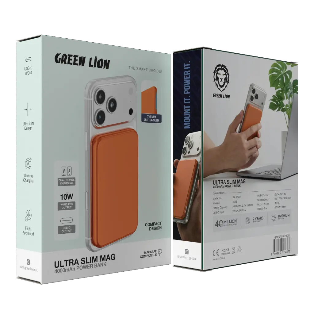 باور بانك جرين لايون ألترا سليم ماج 4000 مللي أمبير - برتقالي | Green Lion Ultra Slim Mag 4000mAh Power Bank - Orange