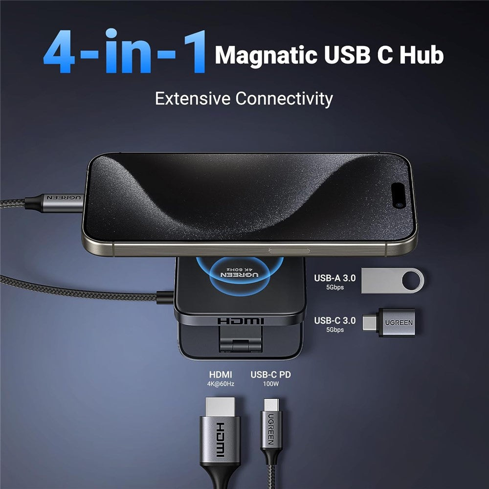 UGREEN USB C Hub, 4-in-1 Magnetic USB C to HDMI Adapter 4K@60Hz, 100W PD Charging, Foldable Portable USB C Adapter | محول يو جرين USB C هب 4 في 1 مغناطيسي HDMI 4K@60Hz شحن سريع 100W قابل للطي