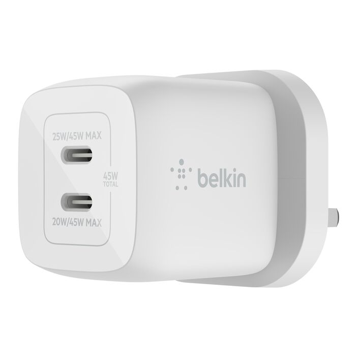 Şarjêra Dîwêr a Belkin BoostCharge Pro Dual USB-C GaN bi PPS 45W