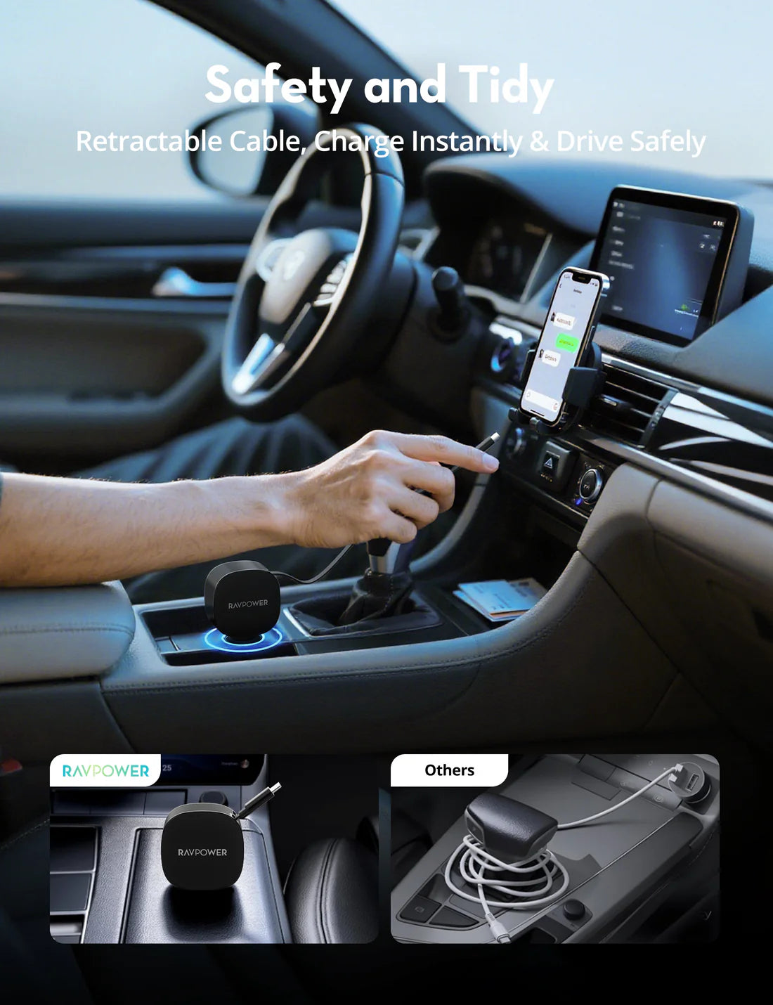 شاحن سيارة راف باور RP-VC1021 بقدرة 75 واط مع كيبل قابل للسحب - أسود | RAVPower RP-VC1021 Car Charger 75W with Retractable Cable - Black
