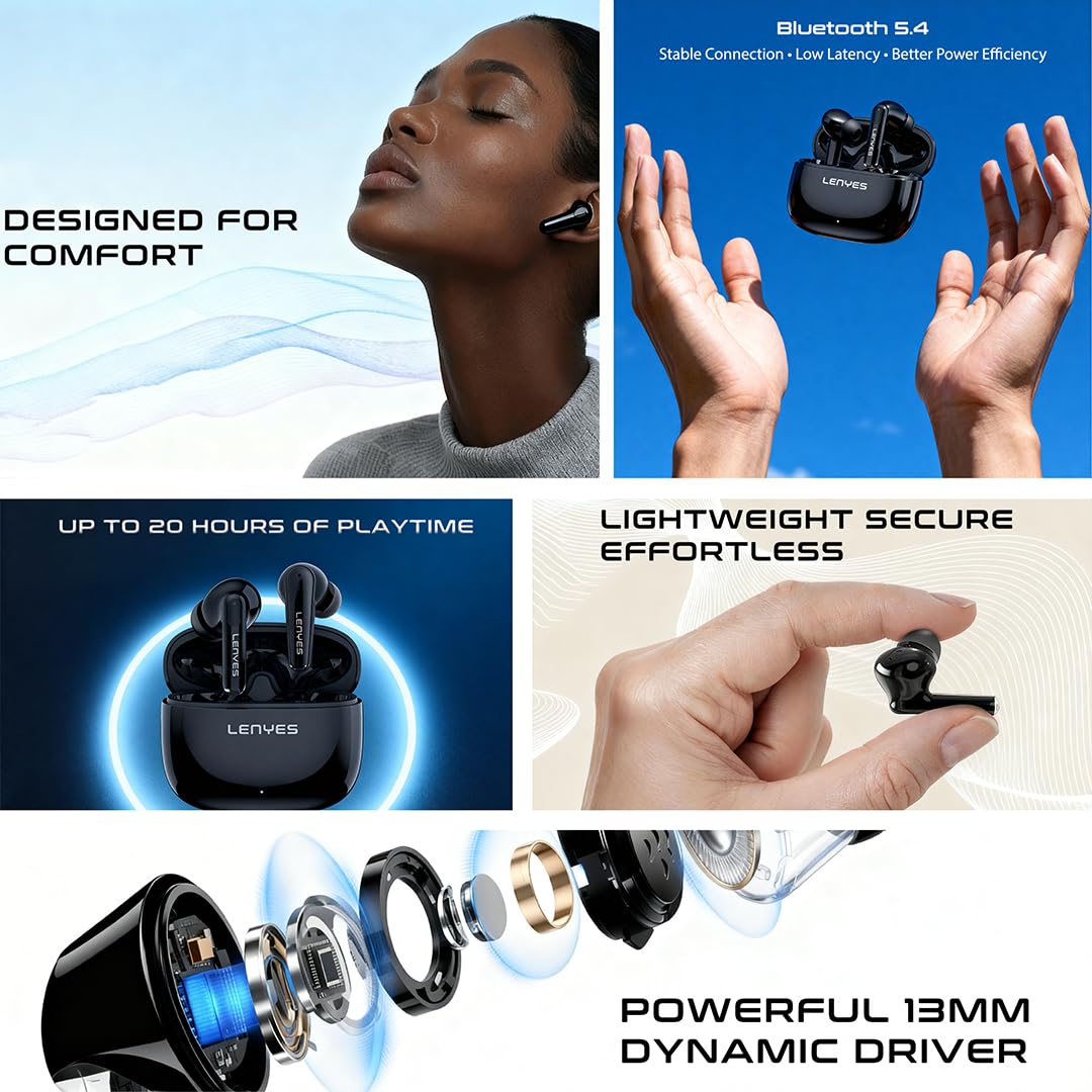 سماعات LENYES Air 68 اللاسلكية بلوتوث 5.3 إلغاء ضوضاء هجين نشط HiFi ستيريو 20 ساعة | LENYES Air 68 Wireless Earbuds Bluetooth 5.3 Active Hybrid Noise Cancellation HiFi Stereo 20H
