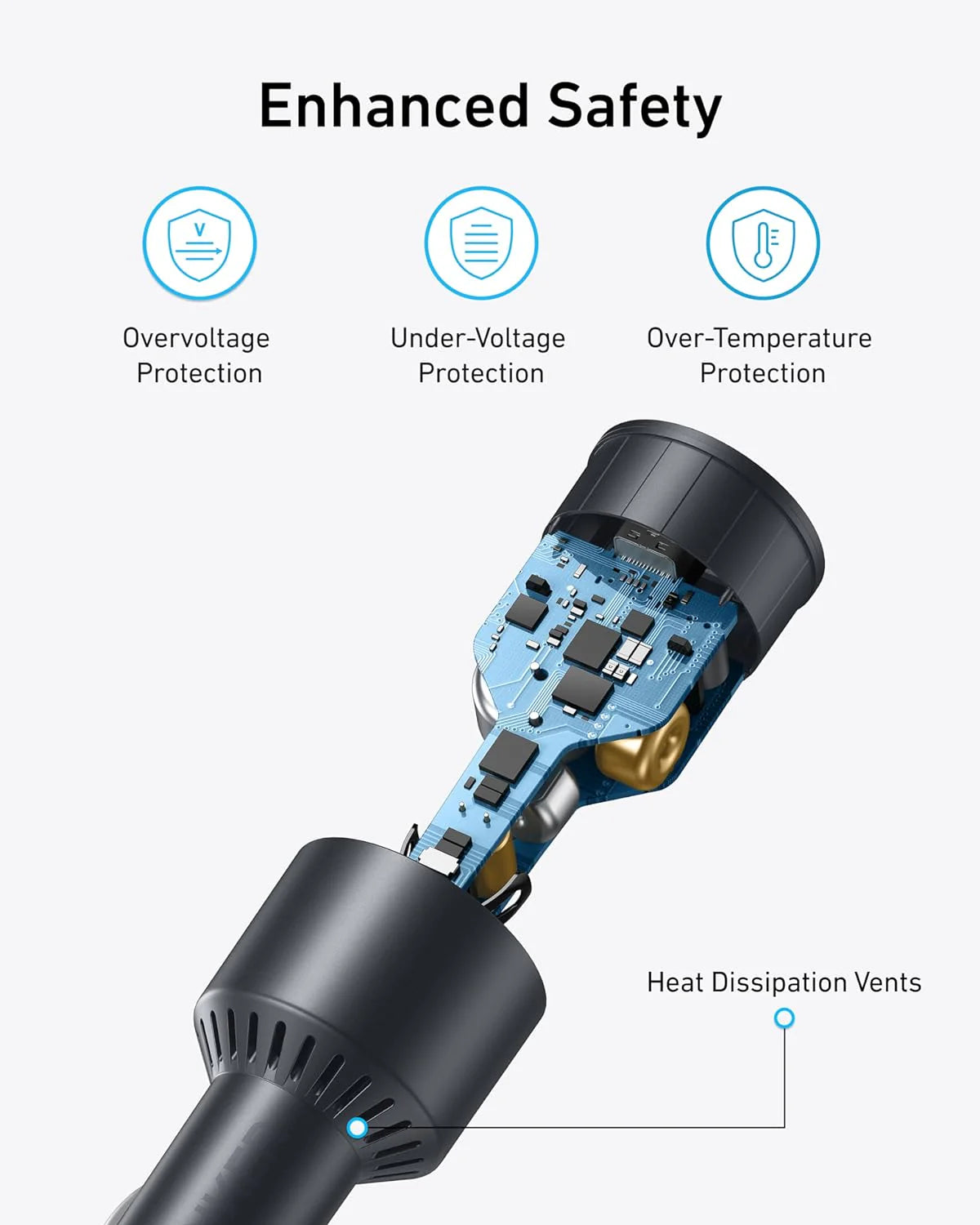 شاحن سيارة أنكر مع 3 منافذ بقدرة 167.5 واط مع كيبل تايب سي بطول 1 متر - رمادي | Anker Car Charger 3-Ports 67.5W with 1M USB-C Cable - Gray.