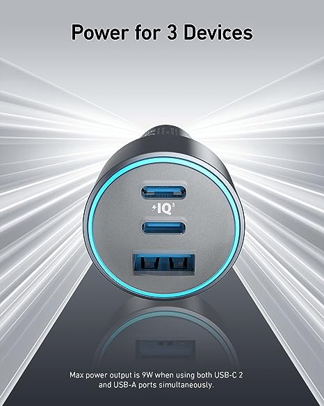 شاحن سيارة انكر 335 بقدرة شحن 67 واط بمنفذي يو اس بي سي و يو اس بي اي | Anker 335 Car Charger 67W 2 USB-C Ports and One USB-A Port