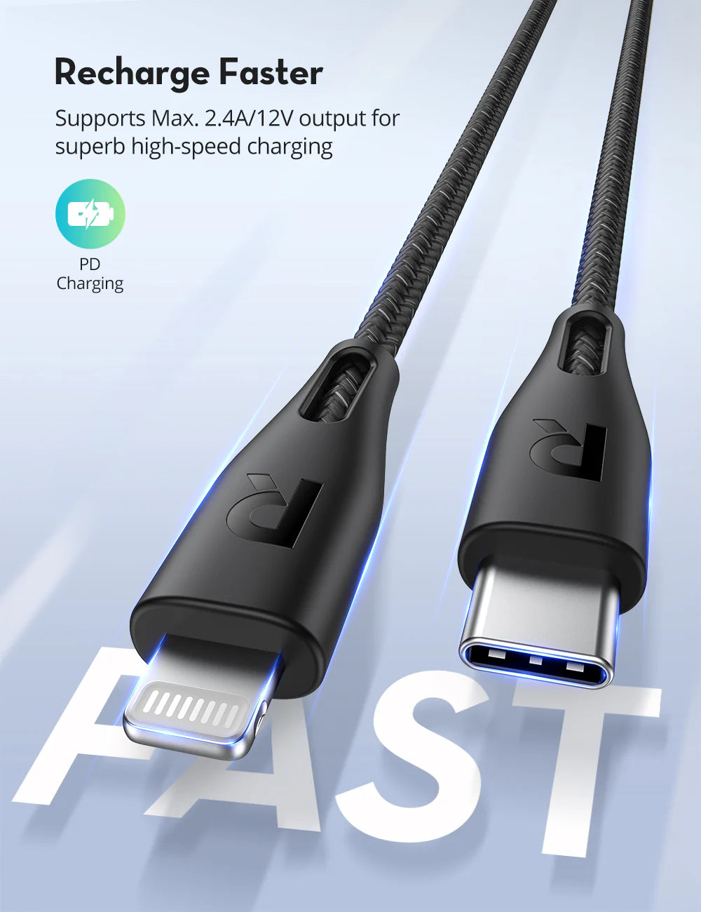 Kabloya RAVPower CP1017 USB-C bo Lightning, 1.2m - Reş | Kabloya RAVPower RP-CB1017 Tîpa-C bo Lightning 1.2m Naylon - Reş