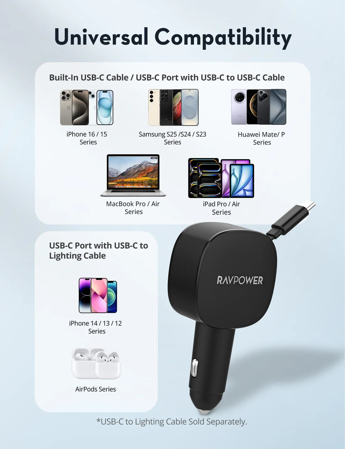 شاحن سيارة راف باور RP-VC1021 بقدرة 75 واط مع كيبل قابل للسحب - أسود | RAVPower RP-VC1021 Car Charger 75W with Retractable Cable - Black