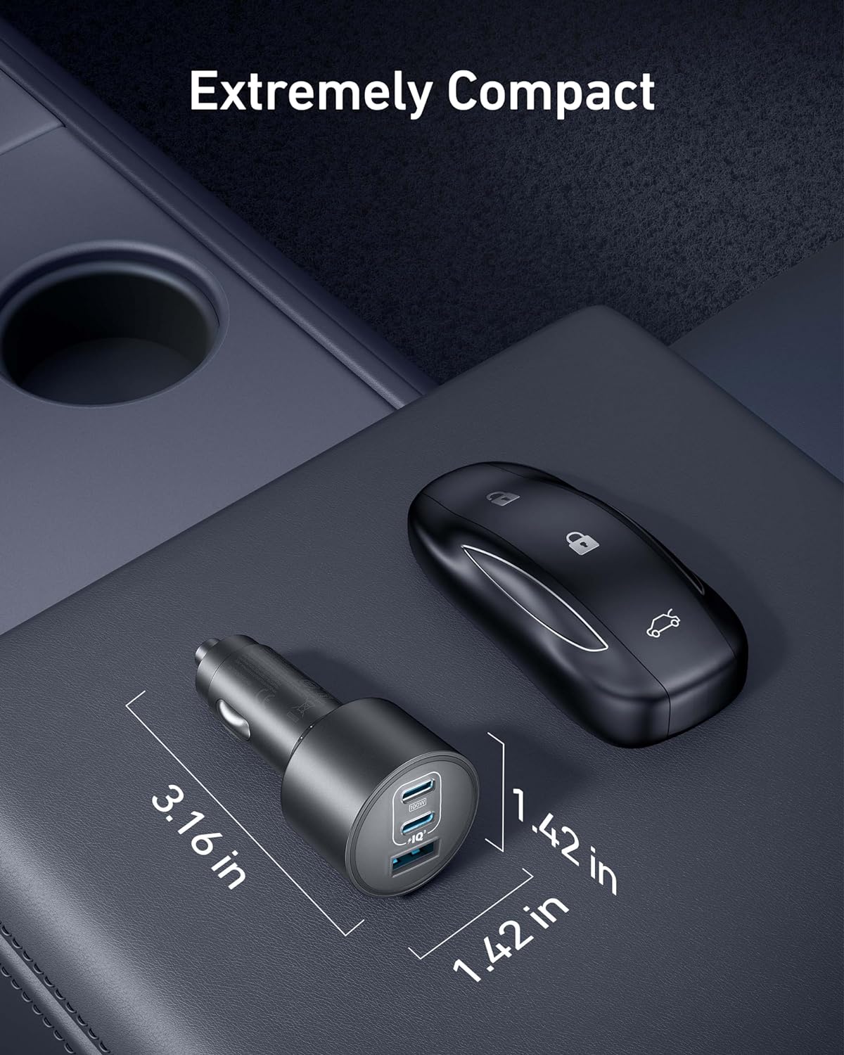 شاحن سيارة أنكر مع 3 منافذ بقدرة 167.5 واط مع كيبل تايب سي بطول 1 متر - رمادي | Anker Car Charger 3-Ports 67.5W with 1M USB-C Cable - Gray.