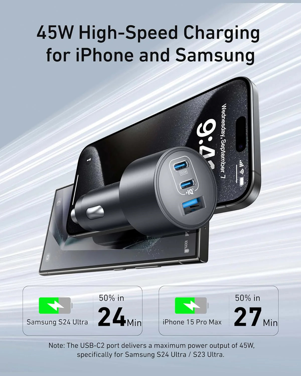 شاحن سيارة أنكر مع 3 منافذ بقدرة 167.5 واط مع كيبل تايب سي بطول 1 متر - رمادي | Anker Car Charger 3-Ports 67.5W with 1M USB-C Cable - Gray.