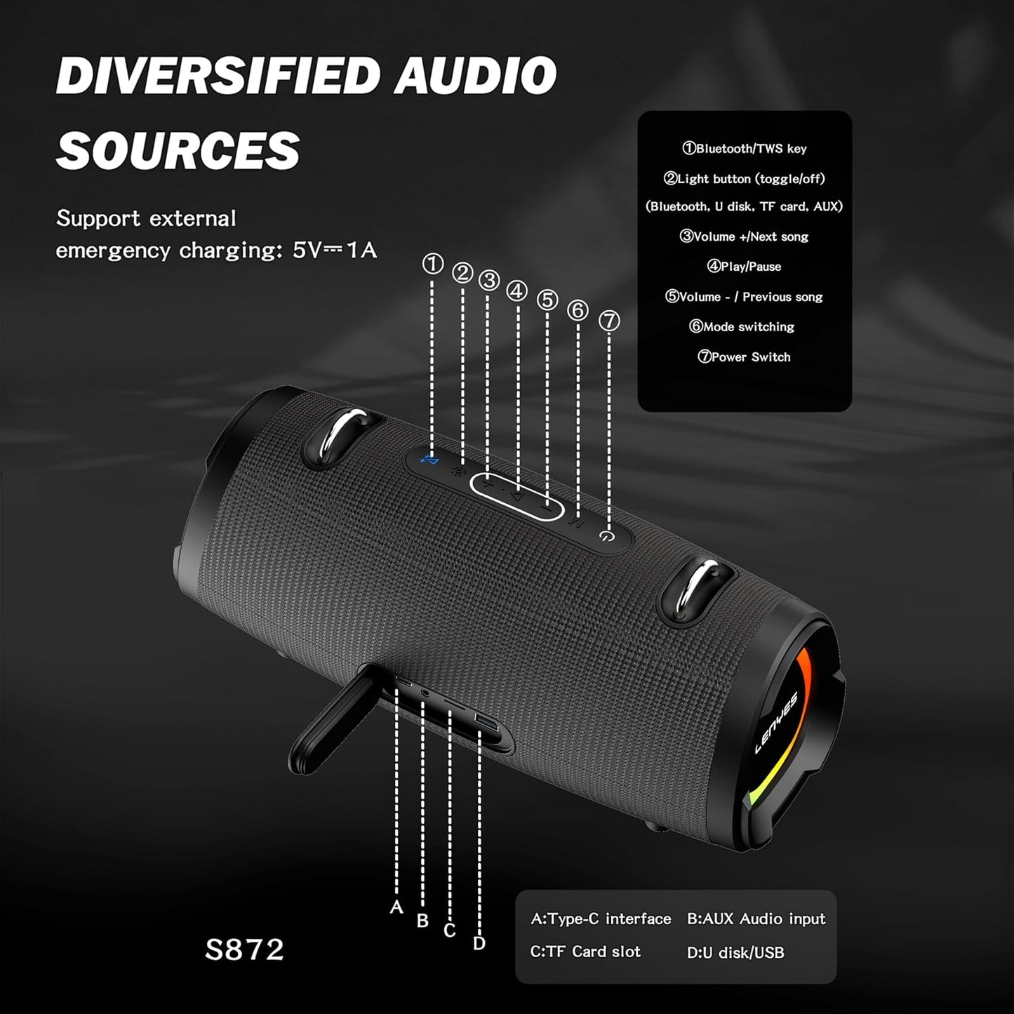 Lenyes S872 مكبر صوت محمول 80W | مقاوم للماء IPX6 | بلوتوث | Portable Bluetooth Speaker 80W Waterproof