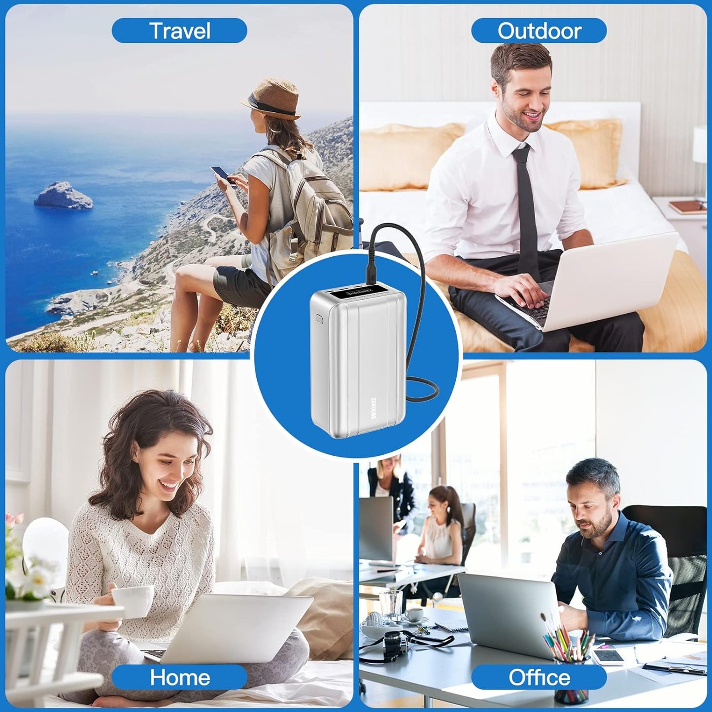 Şarjêra Laptopê ya Veguhêzbar a Zendure 100W PD 26800mAh Powerbank bi 4 Portên USB-C, 1 Adapter USB-A