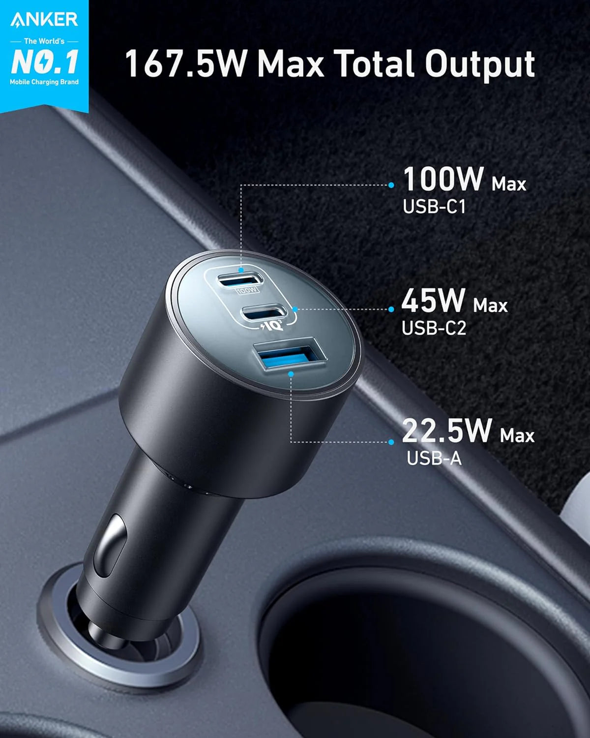 شاحن سيارة أنكر مع 3 منافذ بقدرة 167.5 واط مع كيبل تايب سي بطول 1 متر - رمادي | Anker Car Charger 3-Ports 67.5W with 1M USB-C Cable - Gray.