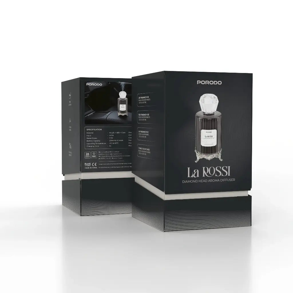 ناشر عطر بورودو لاروسي برأس ألماسي وخزان 120 مل و4 أوضاع رش وتغطية 9م³ وشحن USB-C - أسود | Porodo La Rossi Diamond Head Aroma Diffuser Black