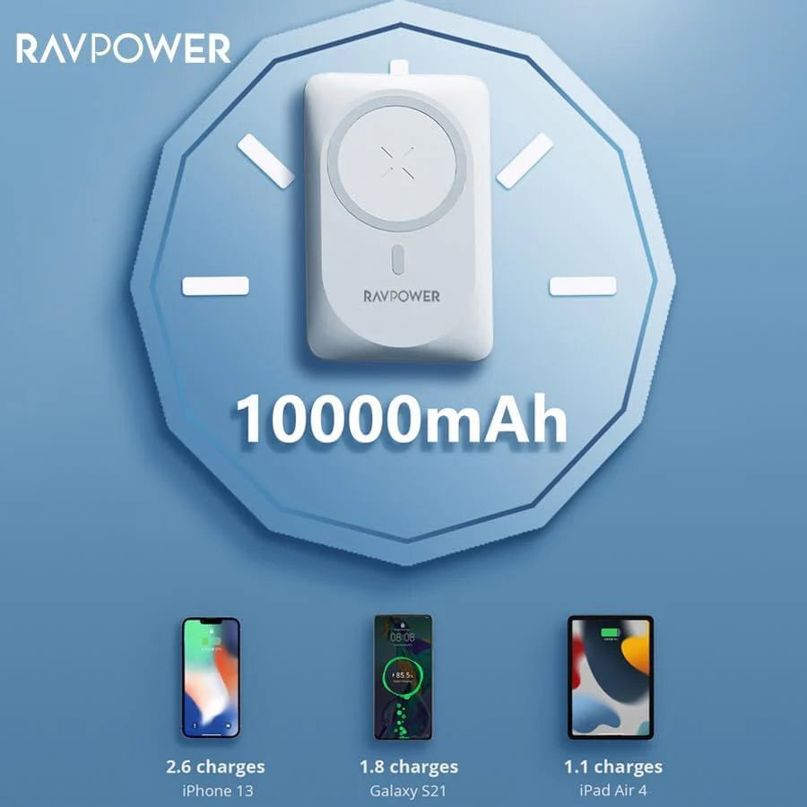باور بانك راف باور المغناطيسي بسعة 10,000 مللي امبير | RAVPOWER 10000mAh Magsafe Magnetic Wireless Power Bank