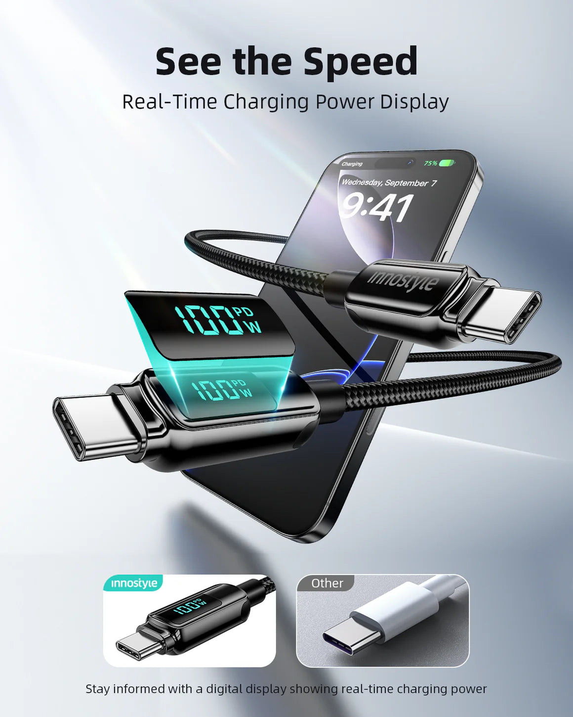 Innostyle DigiPower USB-C to USB-C Cable 100W Digital Display 1.2m - DP-CC1001 | كابل انوستايل ديجي باور يو اس بي سي بشاشة رقمية 100 واط 1.2 متر