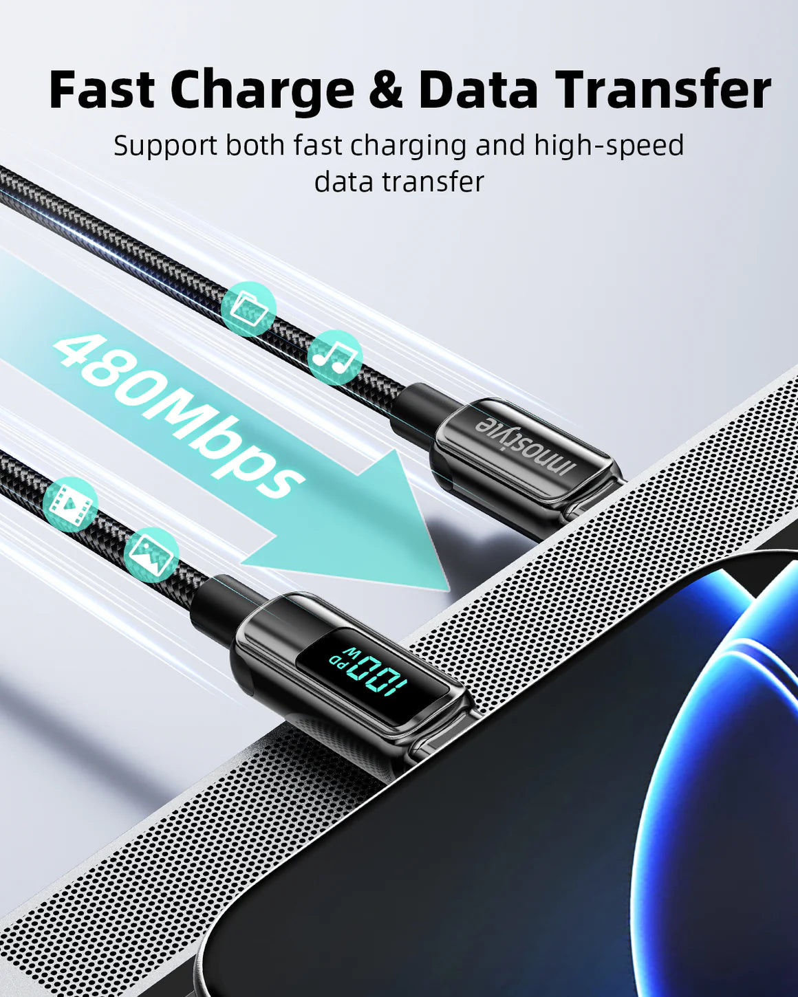 Innostyle DigiPower USB-C to USB-C Cable 100W Digital Display 1.2m - DP-CC1001 | كابل انوستايل ديجي باور يو اس بي سي بشاشة رقمية 100 واط 1.2 متر