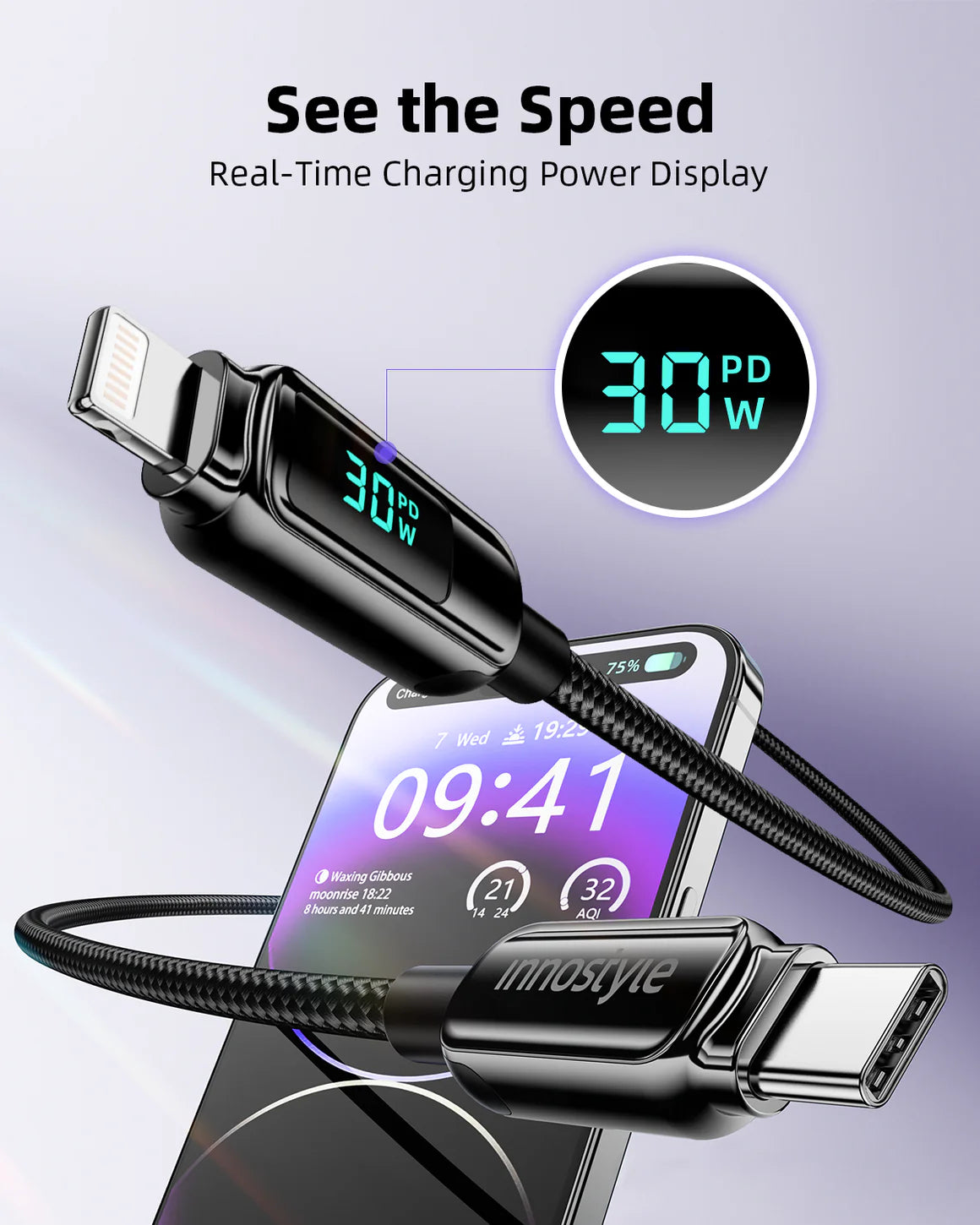 Innostyle DigiPower USB-C to USB-C Cable with Digital Display, 100W, 1.2m - DP-CL301 | كابل USB-C إلى USB-C من إنوستايل ديجي باور مع شاشة رقمية، 100 واط، 1.2 متر