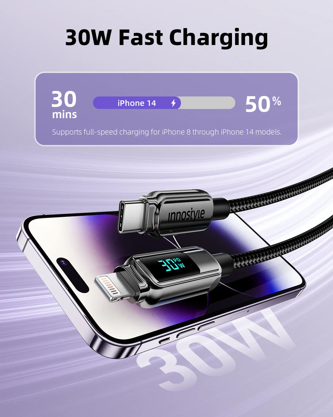 Innostyle DigiPower USB-C to USB-C Cable with Digital Display, 100W, 1.2m - DP-CL301 | كابل USB-C إلى USB-C من إنوستايل ديجي باور مع شاشة رقمية، 100 واط، 1.2 متر