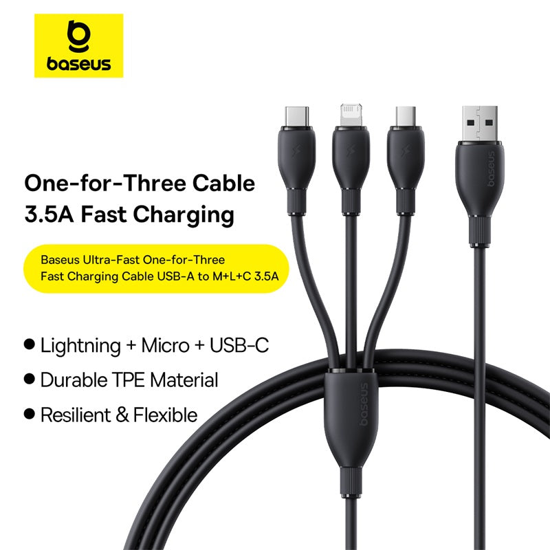 كابل شحن سريع Baseus Ultra-Fast 3-in-1 Cable USB-A→M+L+C 3.5A 1.3m Black