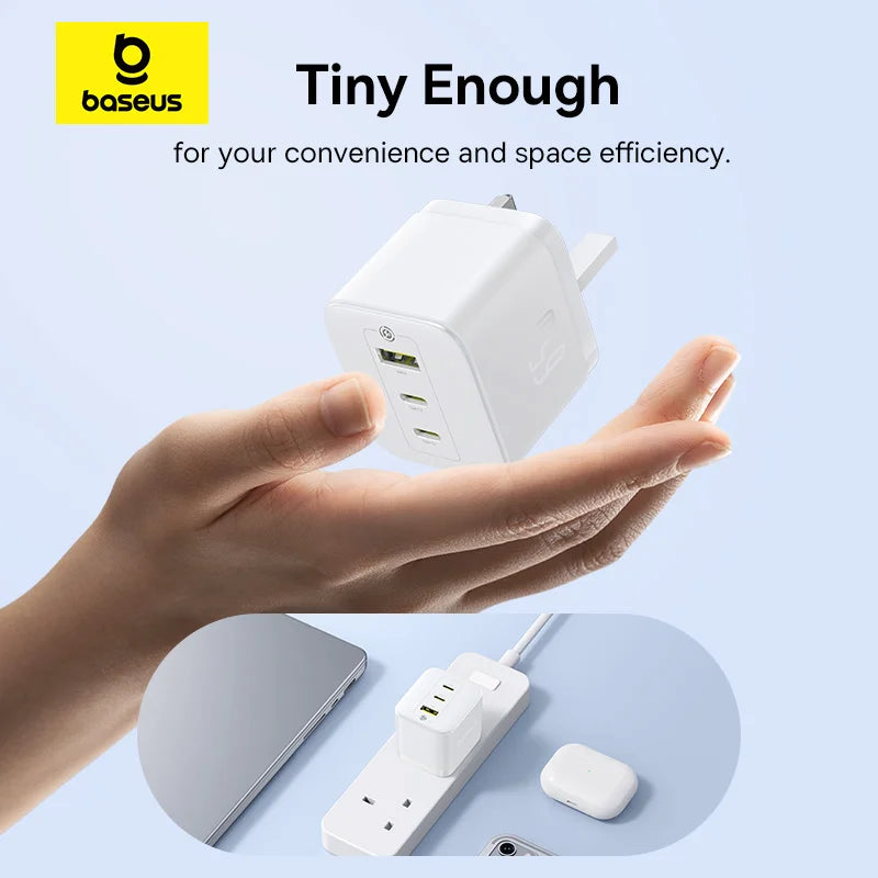 شاحن Baseus Palm 65W بمنفذين USB-C ومنفذ USB بقابس بريطاني أبيض - Baseus Palm Charger 2C+U 65W UK White