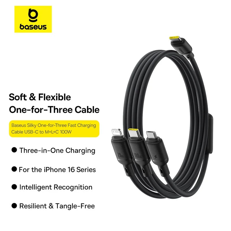 Baseus Silky 3-in-1 Cable USB-C→M+L+C 100W 1.5m Black | كابل بيسوس سيلكي 3 في 1 USB-C→M+L+C 100 واط 1.5 متر أسود