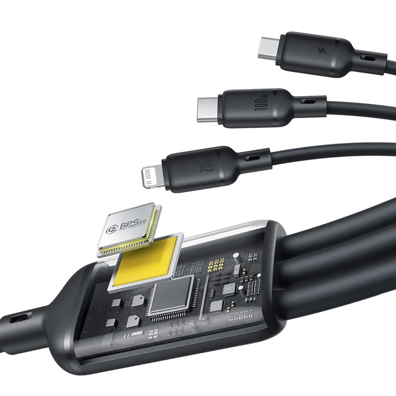 Baseus Silky 3-in-1 Cable USB-C→M+L+C 100W 1.5m Black | كابل بيسوس سيلكي 3 في 1 USB-C→M+L+C 100 واط 1.5 متر أسود