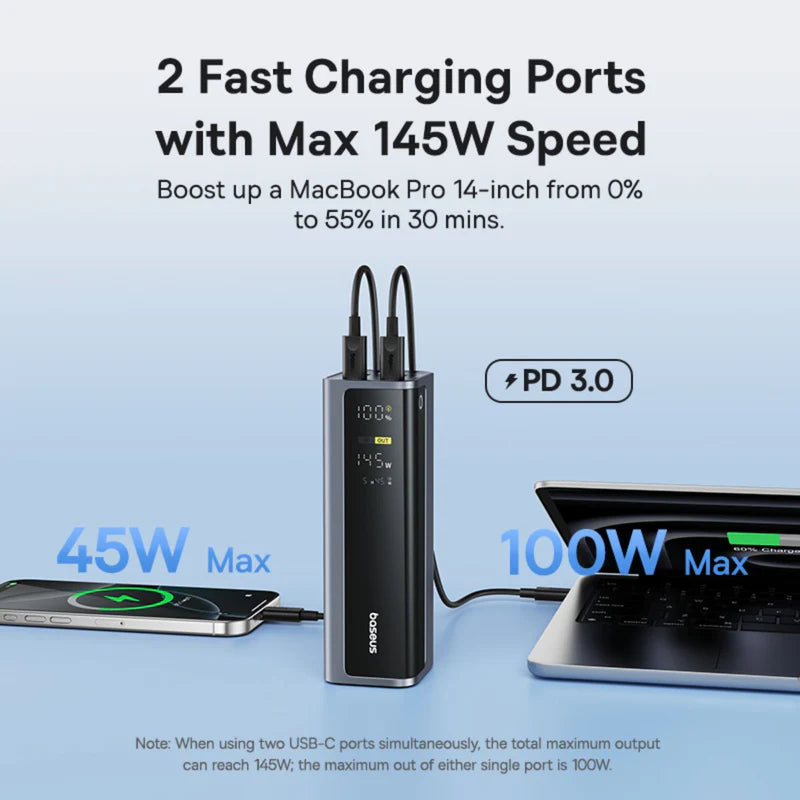 Baseus EnerGeek GP12 Power Bank 20800mAh 145W Grey - باور بانك بيسوس انرجيك 20800 رمادي مع كيبل