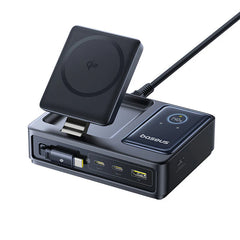 شاحن بيسوس نوموس المكتبي 5 في 1 Baseus Nomos 5-in-1 Desktop Charger 140W UK with Qi2 + Retractable Cable + Display Black