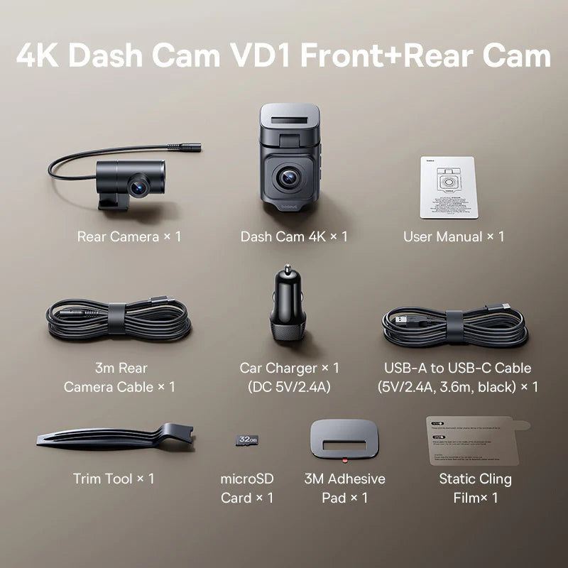 Baseus PrimeTrip VD1 Dash Cam 3K+1080p Black - كاميرا سيارة بيسوس برايم تريب VD1 دقة 3K سوداء