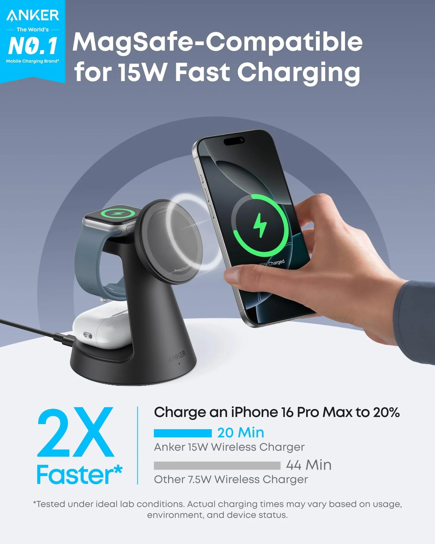محطة الشحن اللاسلكية انكر ماج جو 3 في 1, قاعدة شحن 15 واط سريعة بتقنية ماج سيف للايفون | Anker MagGo Wireless Charging Station (3-in-1 Dock Stand), 15W MagSafe Fast Wireless Charger for iPhone