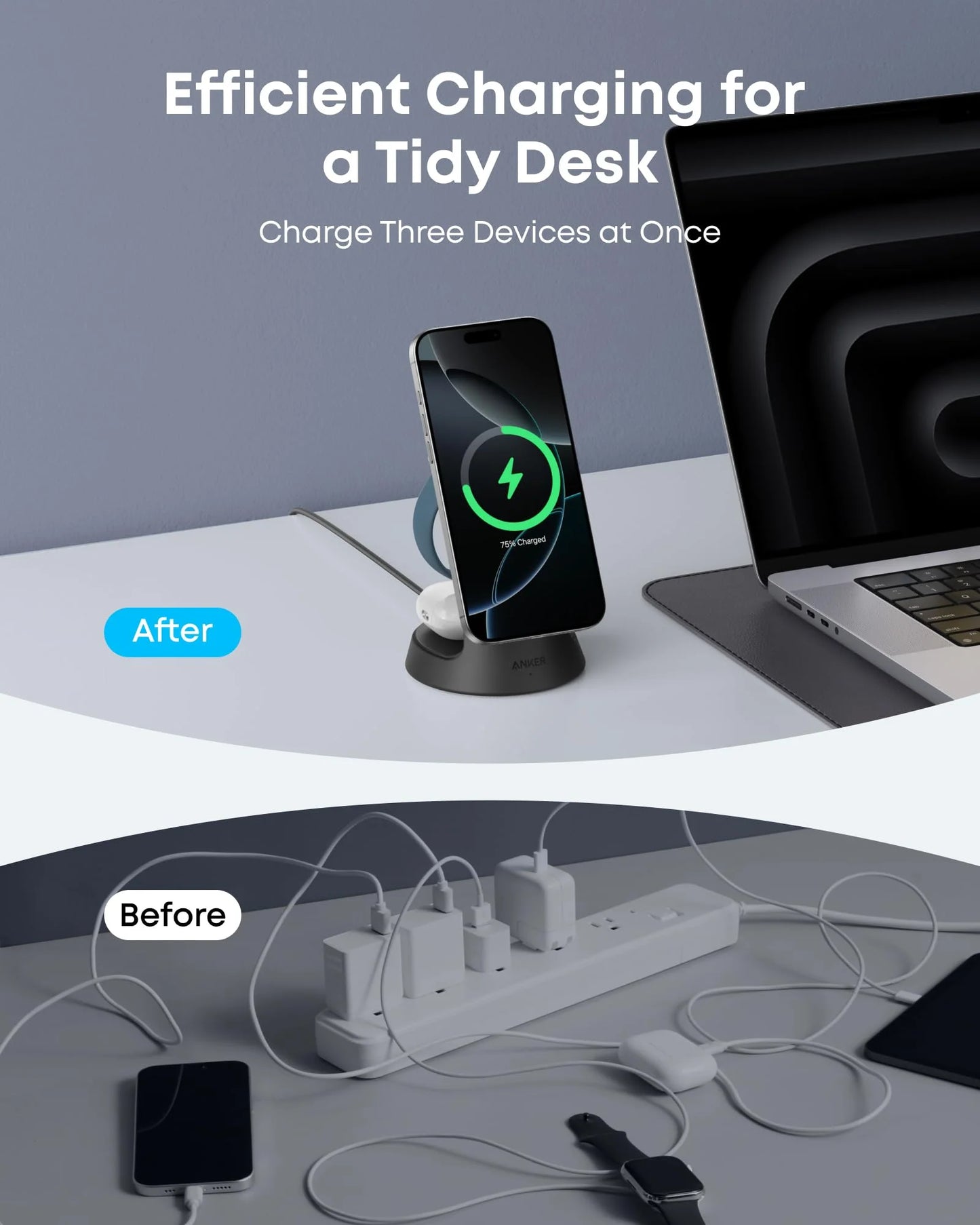 محطة الشحن اللاسلكية انكر ماج جو 3 في 1, قاعدة شحن 15 واط سريعة بتقنية ماج سيف للايفون | Anker MagGo Wireless Charging Station (3-in-1 Dock Stand), 15W MagSafe Fast Wireless Charger for iPhone