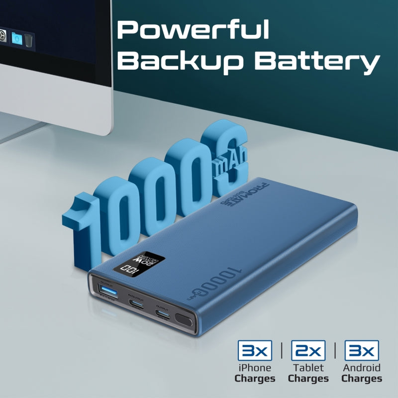 Promate Bolt-10PD Power Bank 10000mAh Dual USB-C 22.5W Blue-Angle