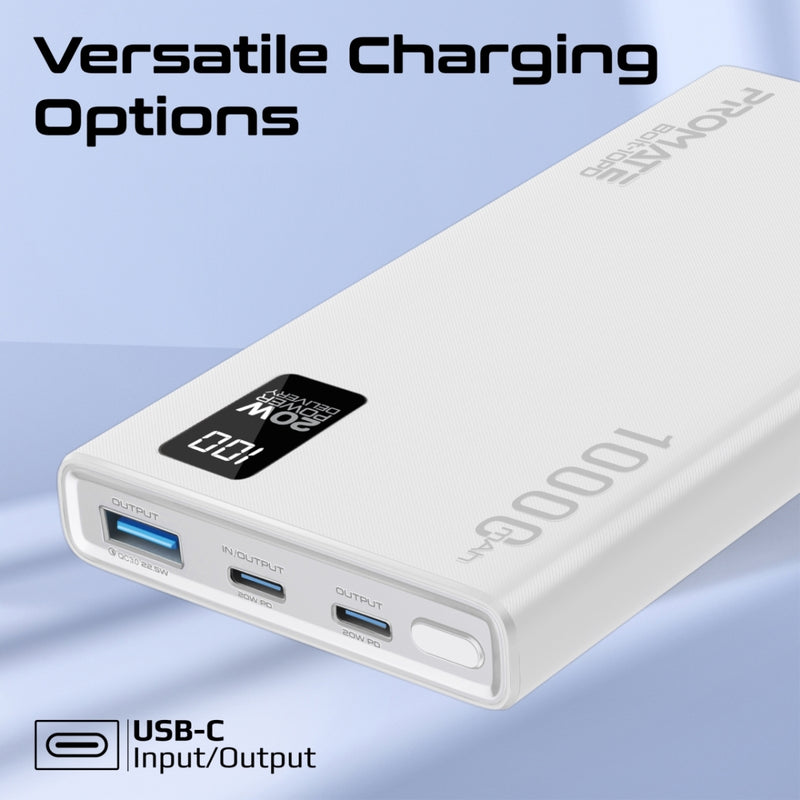 Promate Bolt-10PD Power Bank 10000mAh Dual USB-C 22.5W White-Ports