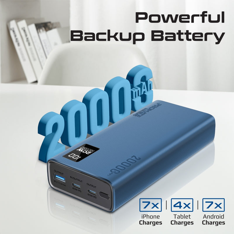 Promate Bolt-20PD Power Bank 20000mAh Dual USB-C 22.5W Blue-Angle