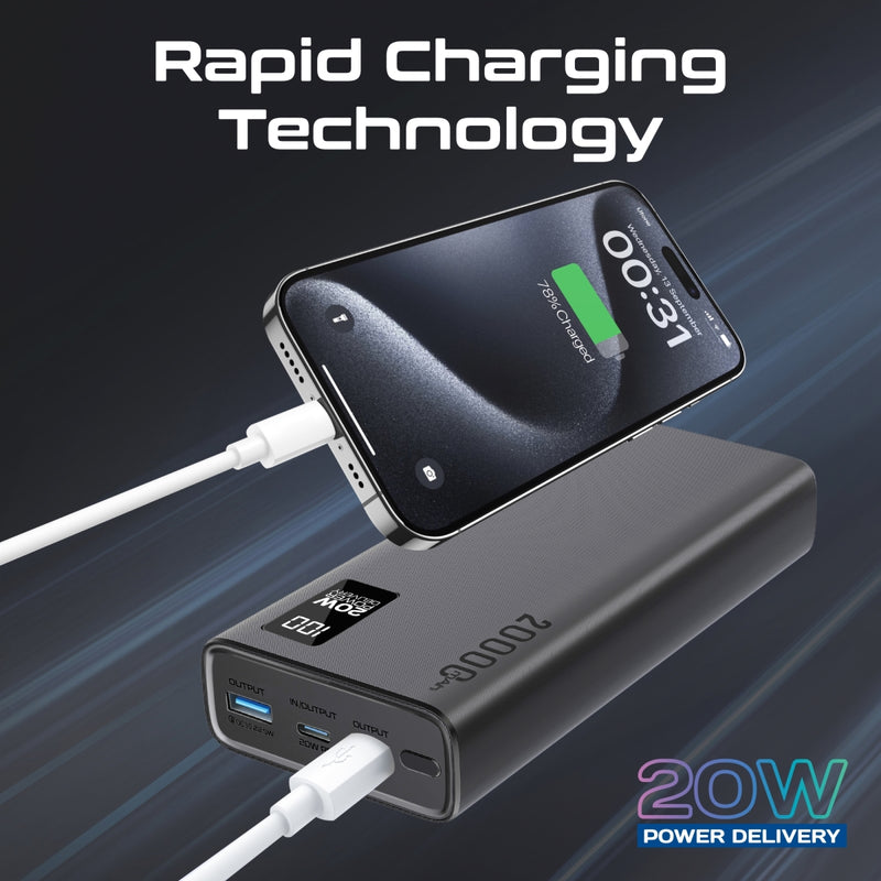 Promate Bolt-20PD Power Bank 20000mAh Dual USB-C 22.5W Black-LCD Display