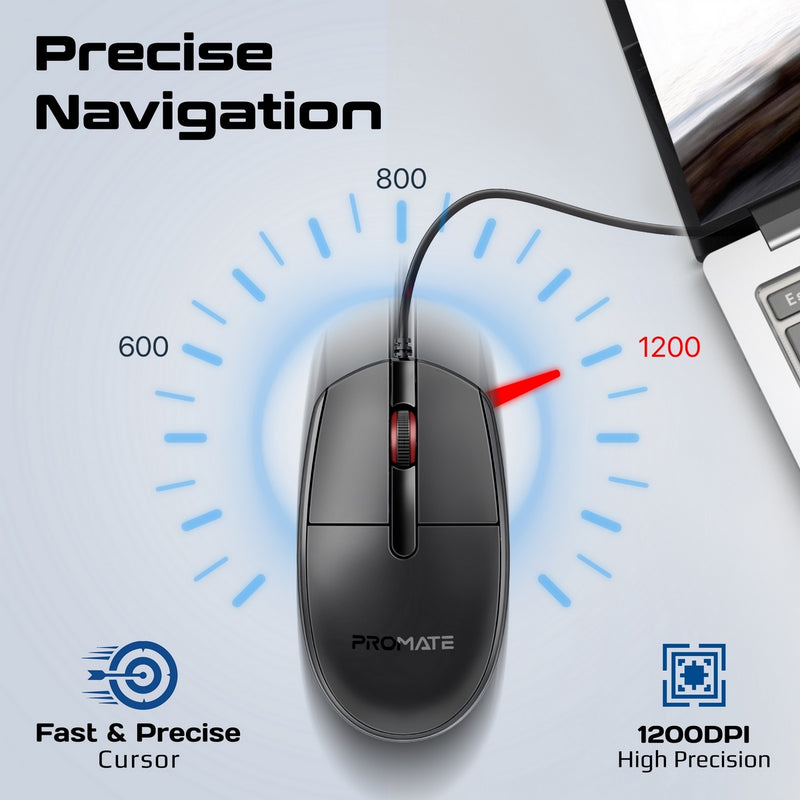 Promate CM-1200 wired mouse in use on a desk